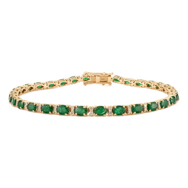 4.1 Carat Natural Zambian Emerald & Diamond Tennis Bracelet in 14k Yellow Gold For Sale