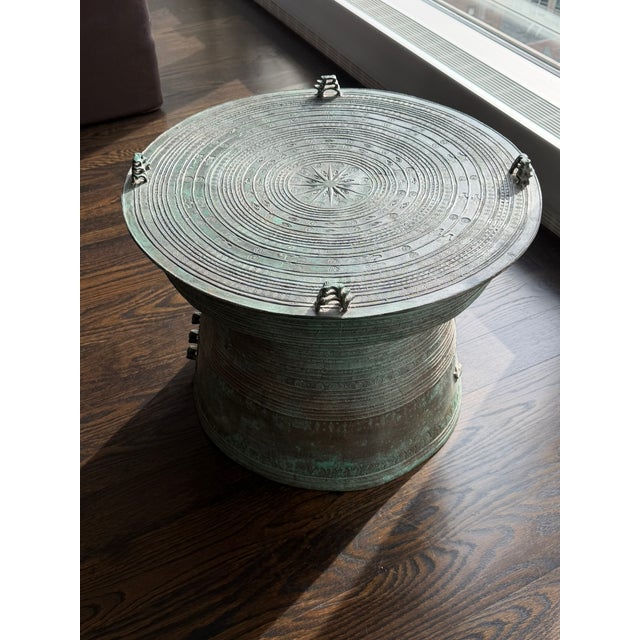 Green Patinated Bronze Drum Side Table — Sculptural Global Accent, Organic Modern Design For Sale - Image 8 of 9