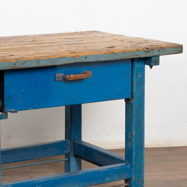 Rustic Late 19th Century Rustic Blue Painted Work Table With Two Metal Drawers For Sale - Image 3 of 13