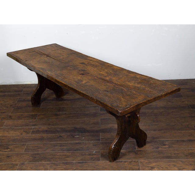 Wood Italian 1800s Walnut Farm Table with Carved Legs, Stretcher and Weathered Patina For Sale - Image 7 of 12