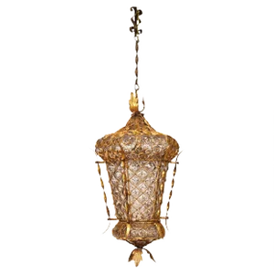 Mid-Century Venetian Mouth-Blown Glass Lantern in Gold Painted Metal Frame, 1940s