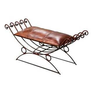 19th Century Spanish Leather and Wrought Iron "Dagobert" Curule Bench For Sale