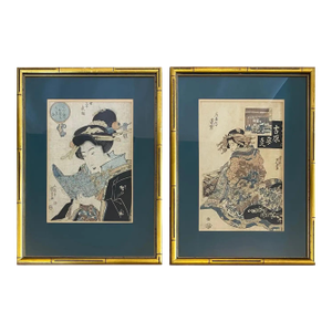 Pair of 19th Century Antique Japanese Woodblocks Prints Attrib. To Keisai Eisen