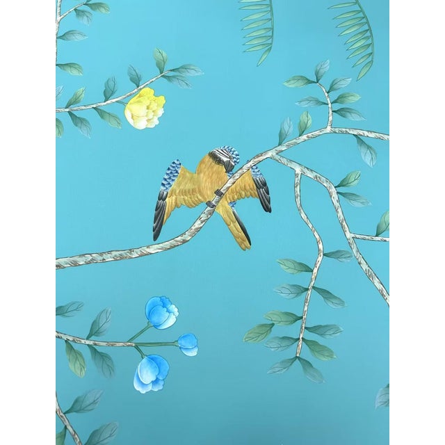 Chinoiserie Teal Tropical Chinoiserie Mural | Hand-Painted 9-Panel Wallpaper With Monkeys & Birds For Sale - Image 3 of 6