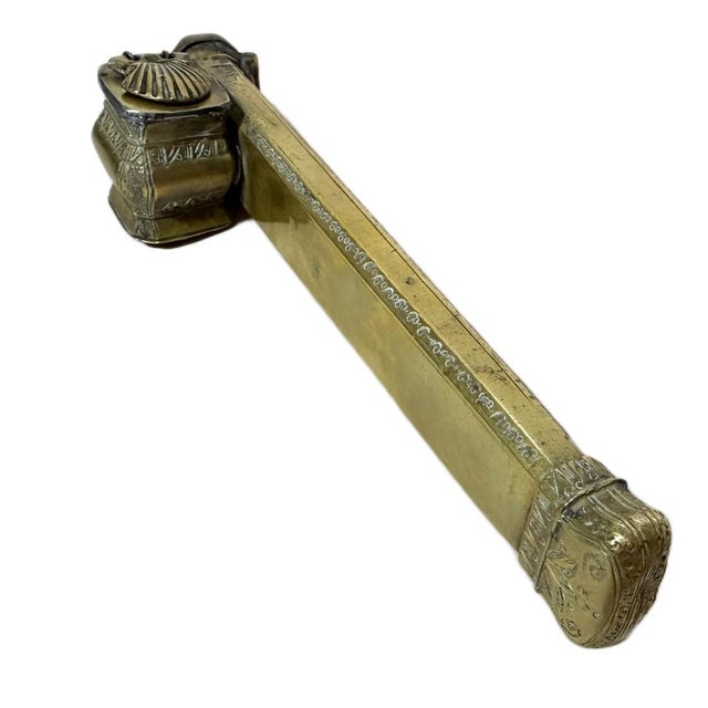 19th Century Ottoman Brass Traveling Scribe Pen Box & Inkwell - Signed "Sohrab" Presenting a beautifully preserved mid to...