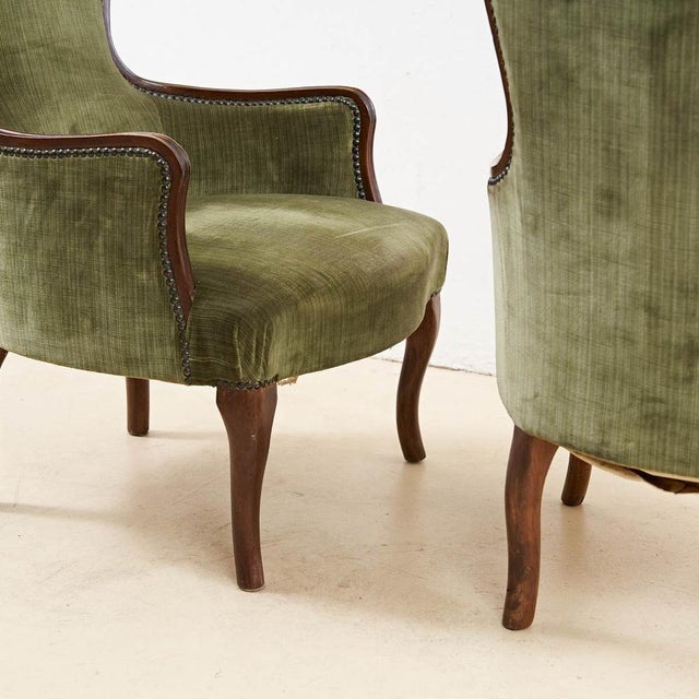 Set of Antique Walnut Armchairs with Green Velvet Seat For Sale - Image 6 of 9