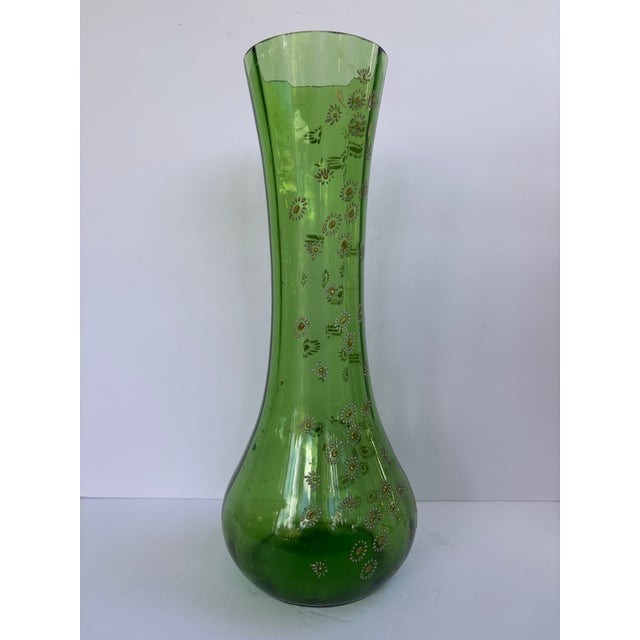 Vintage Bohemian Green Glass Hand-Enameled Floral Vase, 12” For Sale - Image 10 of 12
