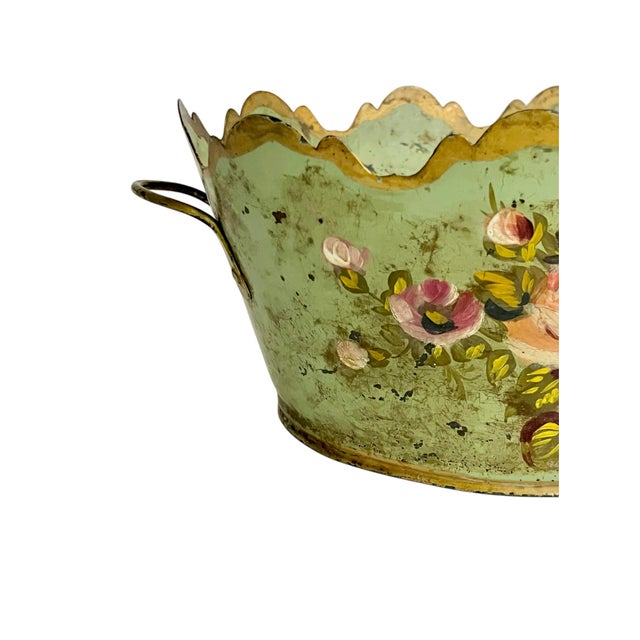 Vintage French Tole Cachepot With Hand-Painted Roses and Scalloped Rim For Sale - Image 9 of 15