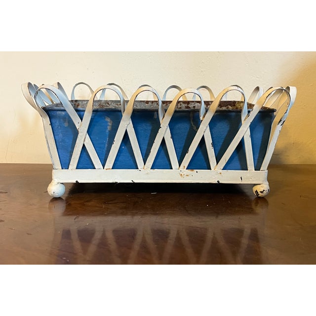 1930's White Painted Zinc Basketweave Cachepot Planter or Jardiniere With Blue Tole Liner on Ball Feet For Sale - Image 9 of 14