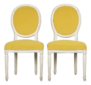 French Louis XVI Style Painted Side Chairs in Lemon Velvet - A Pair