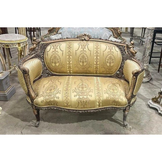 Rococo French Rococo Style Gold Tufted Sofa With Gold Details and Pillows For Sale - Image 3 of 3