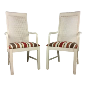 Pair of White Hollywood Regency Style Cane Back Arm Chairs