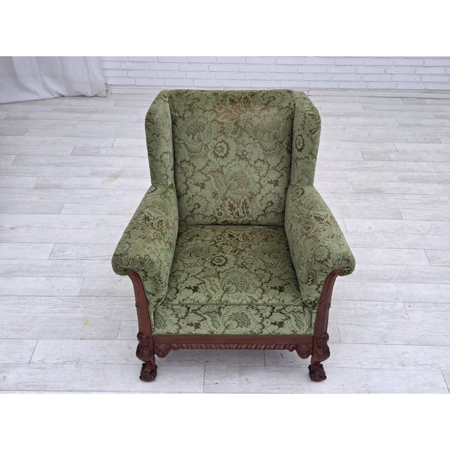 Danish Armchair in Green Velour and Carved Oak, 1950s For Sale - Image 4 of 18