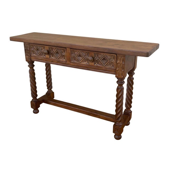 Spanish Carved Console Table with Barley Twist Legs and Drawers, 1930s For Sale - Image 13 of 13