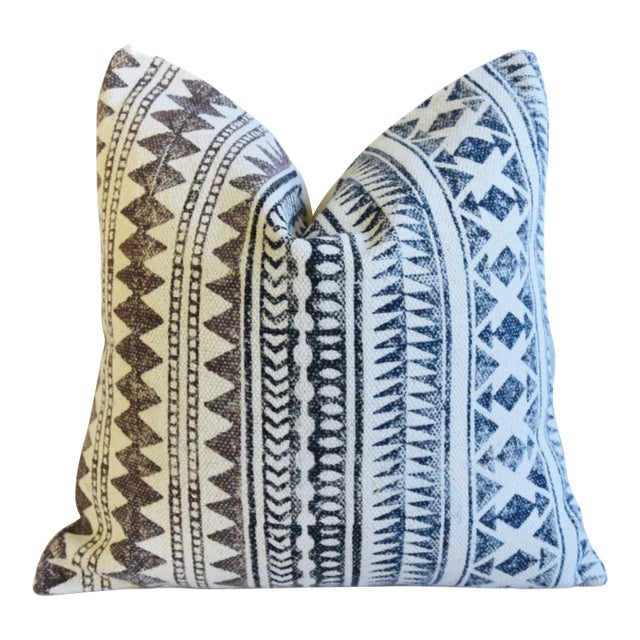 French Hand-Printed Blue, White & Brown Cotton Feather/Down Pillow 19” Square For Sale