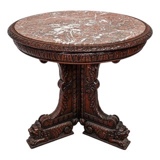 Antique Marble Top Carved Oak Round Table Made in Belgium For Sale