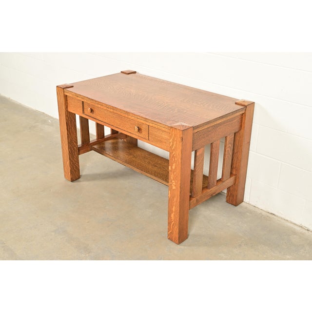 Charles Limbert Stickley Brothers Style Antique Mission Oak Arts & Crafts Writing Desk or Library Table, Circa 1900 For Sale - Image 4 of 12