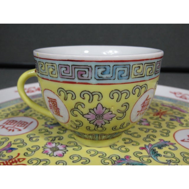 Ceramic Vintage Jingdezhen Mun Shou Longevity Tea Serving Set With Tray and 4 Cups For Sale - Image 7 of 12