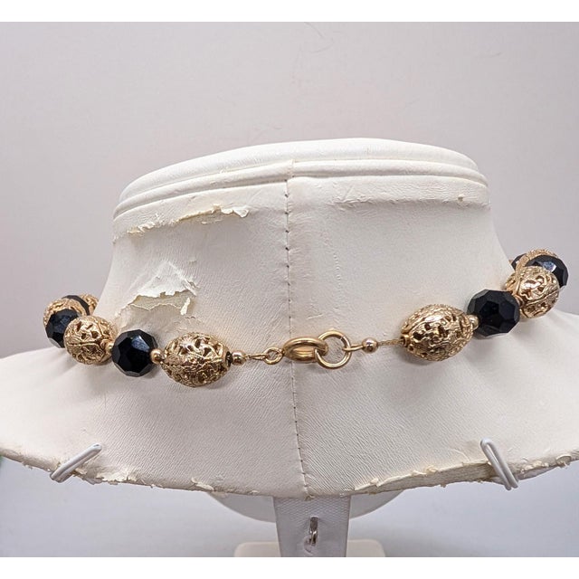 Napier Vintage 1960s Signed Napier Goldtone & Black Beaded Necklace For Sale - Image 4 of 9