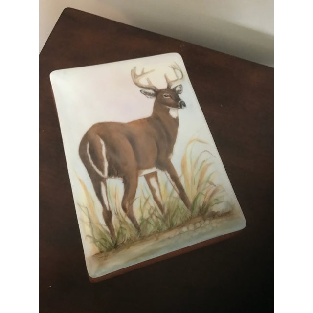 Stunning hand-painted large porcelain box with a stag decoration. Stamped “Hand Painted by Mildred Hathaway”. In perfect...