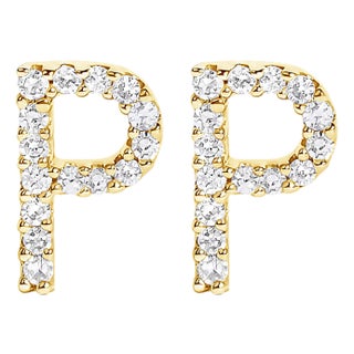 10K Yellow Gold 1/10 Cttw Diamond 'P' Initial Stud Earring For Sale