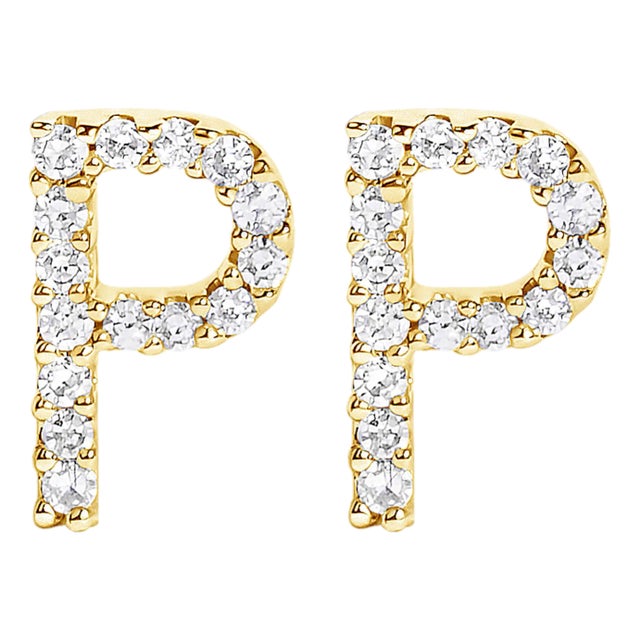 10K Yellow Gold 1/10 Cttw Diamond 'P' Initial Stud Earring For Sale