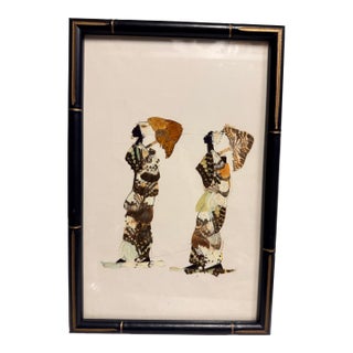 Framed Butterfly Wing Art Featuring Two Figures With Parasols For Sale