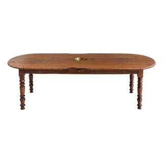 19th Century European Long Country Table With Turned Legs & Inset Brass Bowl For Sale
