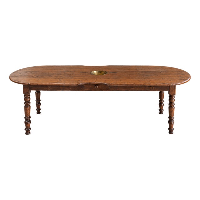 19th Century European Long Country Table With Turned Legs & Inset Brass Bowl For Sale