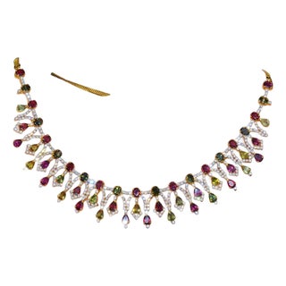 Certified Natural 26.2CTS VS G Diamond Tourmaline 18K Solid Gold Cocktail Necklace For Sale