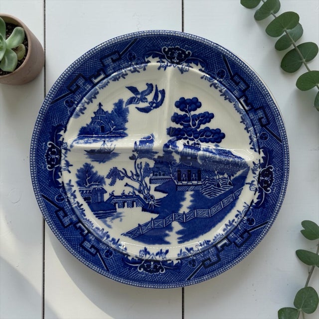 Vintage Shenango China Blue Willow 3-Section Divided Grill Plate. Manufactured in New Castle, Pennsylvania, this heavy-...