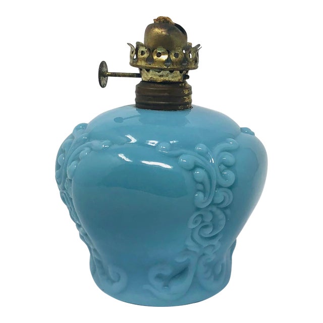 Antique EAPG Blue Glass Oil Lamp For Sale