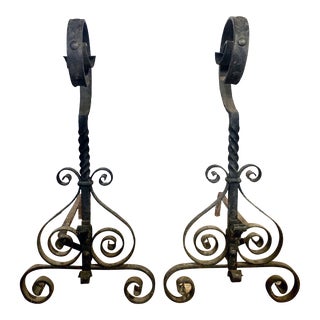 Large Antique Scrollwork Wrought Iron Andirons- Set of 2 For Sale