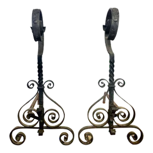 Large Antique Scrollwork Wrought Iron Andirons- Set of 2