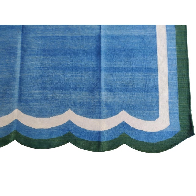 Textile Handmade Woolen Scalloped Rug, Blue With Cream and Green Border 8'x10' For Sale - Image 7 of 7