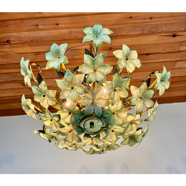 1970s Vintage Murano Style Hand-Painted Green Glass Floral Flush Mount Chandelier⁠ For Sale - Image 17 of 18