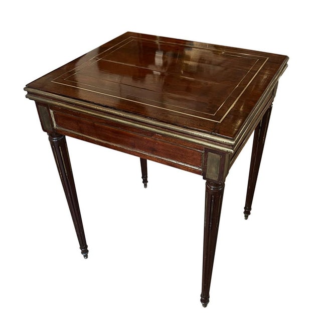 Metal French Mahogany Card Table with Crimson Baize Game Surface and Brass Inlay, Mid-19th Century For Sale - Image 7 of 7