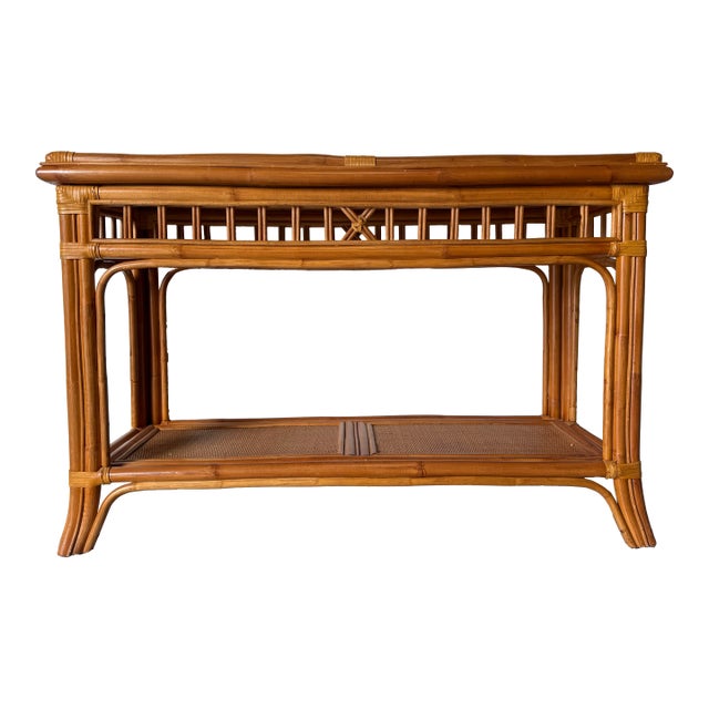 Vintage Coastal Rattan & Leather Two-Tier Console Table/ Sold For Sale