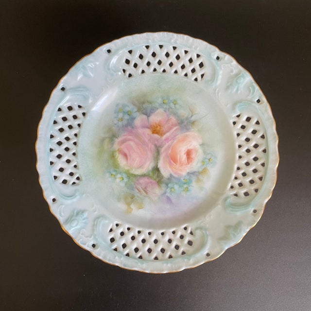 Victorian Antique Pedestal Openwork Candy Dish With Hand Painted Roses For Sale - Image 3 of 10