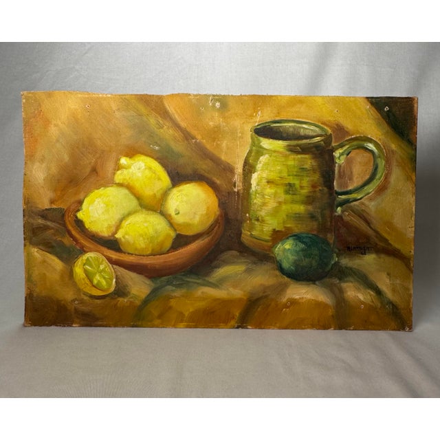This original oil painting on board depicts mid-century modern traditional rustic still life scene leaning towards...