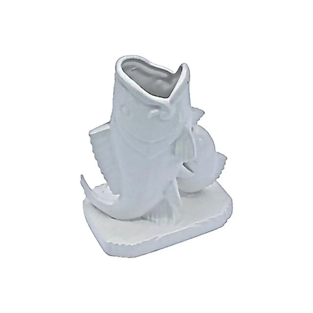 French Art Deco St. Clement ceramic fish crackle glaze vase. Depicts two fish, one smaller and one larger. Larger with...