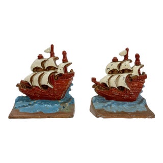 Vintage Colorful Cast Aluminum Ship Motif Bookend Pair For Sale