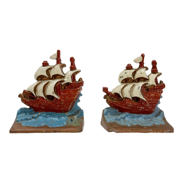 Vintage Colorful Cast Aluminum Ship Motif Bookend Pair For Sale