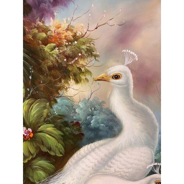 Large White Peacock Garden Oil Painting in Antique Ornate Gilt Florentine-Style Frame For Sale - Image 11 of 12