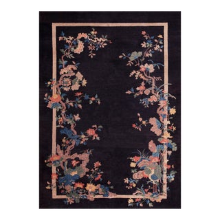 1920s Black Floral Antique Chinese Art Deco Rug 5'7" X 8'4" Knotted Wool Carpet For Sale
