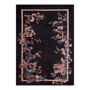 1920s Black Floral Antique Chinese Art Deco Rug 5'7" X 8'4" Knotted Wool Carpet