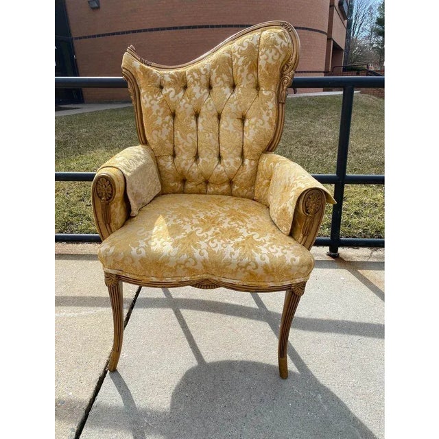 Wood 1940s Pair of Hollywood Regency Style Gilt Painted and Tufted Back Upholstered Armchairs For Sale - Image 7 of 10