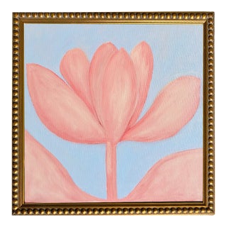 Original Tulip Painting in Ornate Gold Beaded Frame, Oil on Canvas, 12" X 12" by Tatiana Duperault For Sale