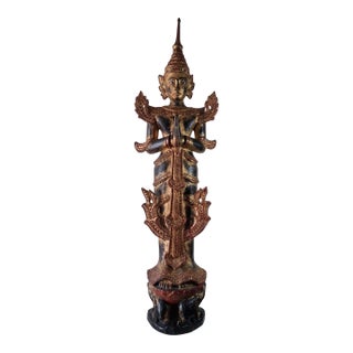 Large Antique Burmese Carved Gilt Wood Theppanom Guardian Statue 47” Tall For Sale