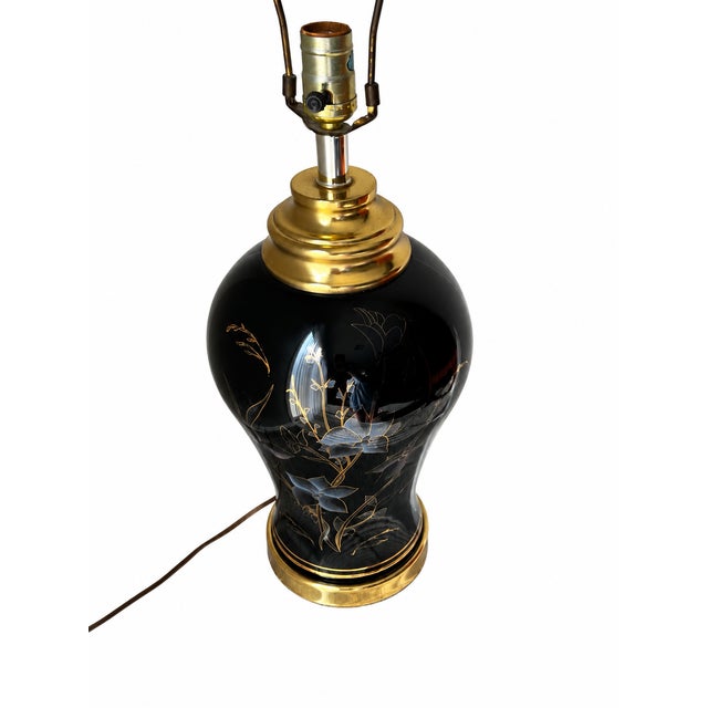 1980s Vintage Black and Gold Floral Ceramic Table Lamp For Sale - Image 5 of 11